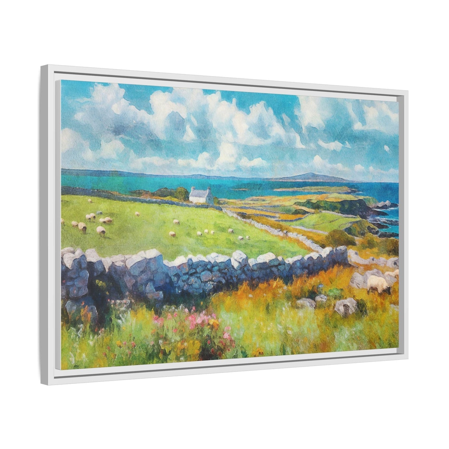 Far Flung Shores W.COL wall art featuring a serene coastal landscape, printed on high-quality canvas with a premium pinewood frame.