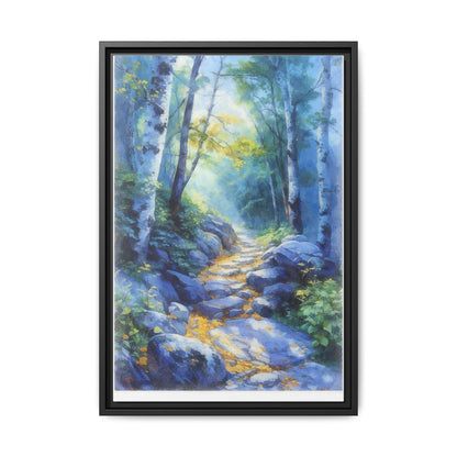 Blue Forest Path II wall art featuring a tranquil forest scene with a serene blue-toned path, printed on high-quality canvas for timeless décor.