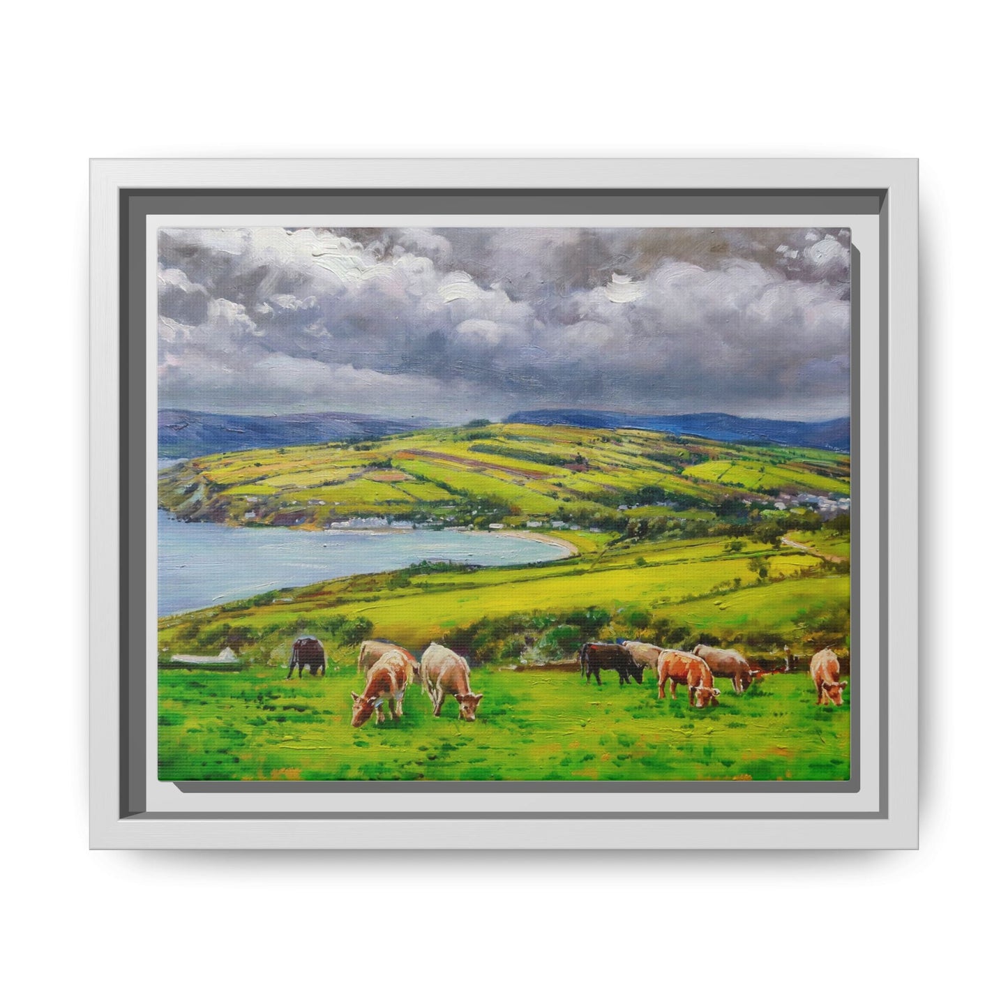 Cushendun Hills wall art showcasing rolling hills and scenic Irish landscapes, framed in high-quality materials for an elegant look.