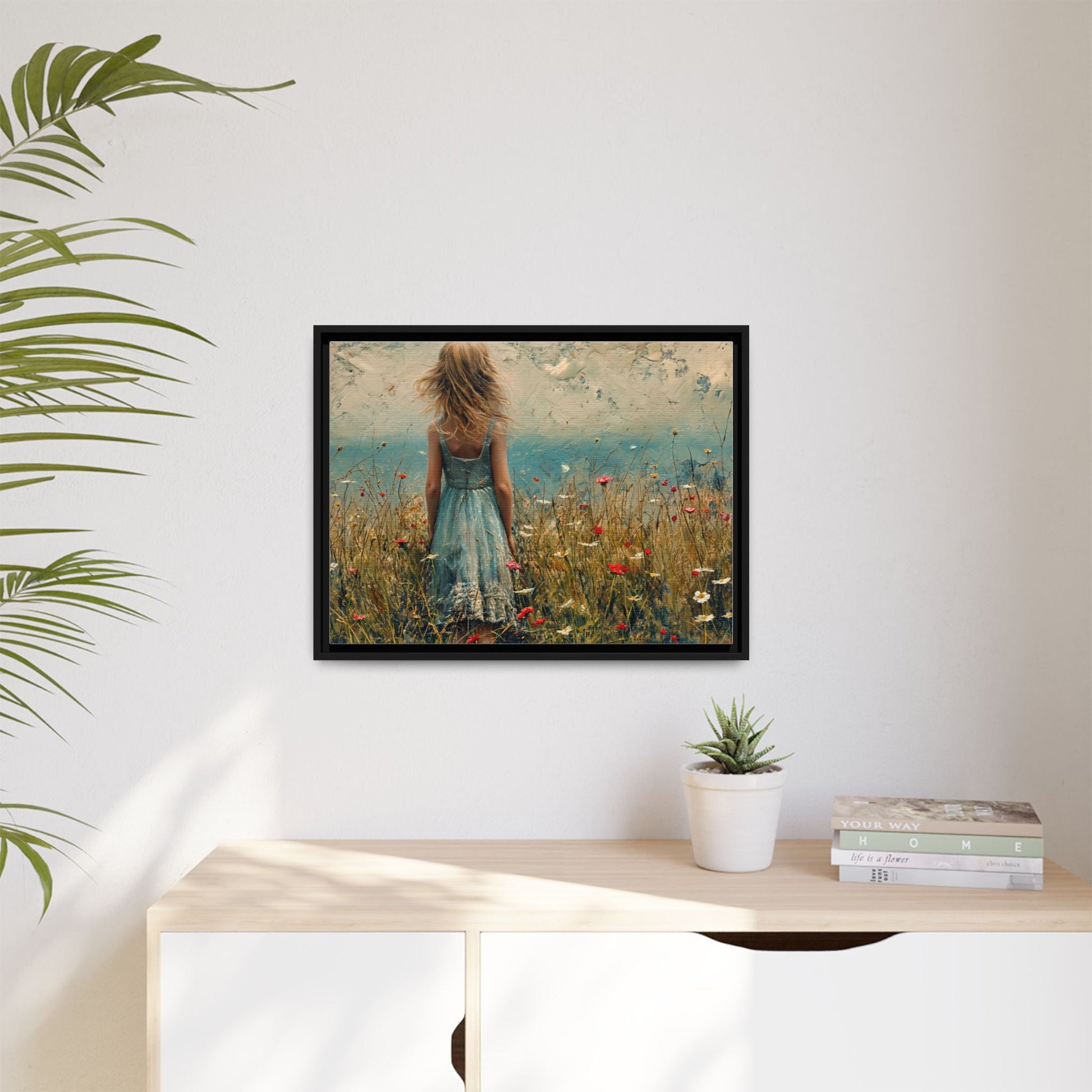 Young Girl Looking Out To Sea wall art, featuring a peaceful ocean view and a young girl in contemplation, printed on high-quality canvas for timeless décor.