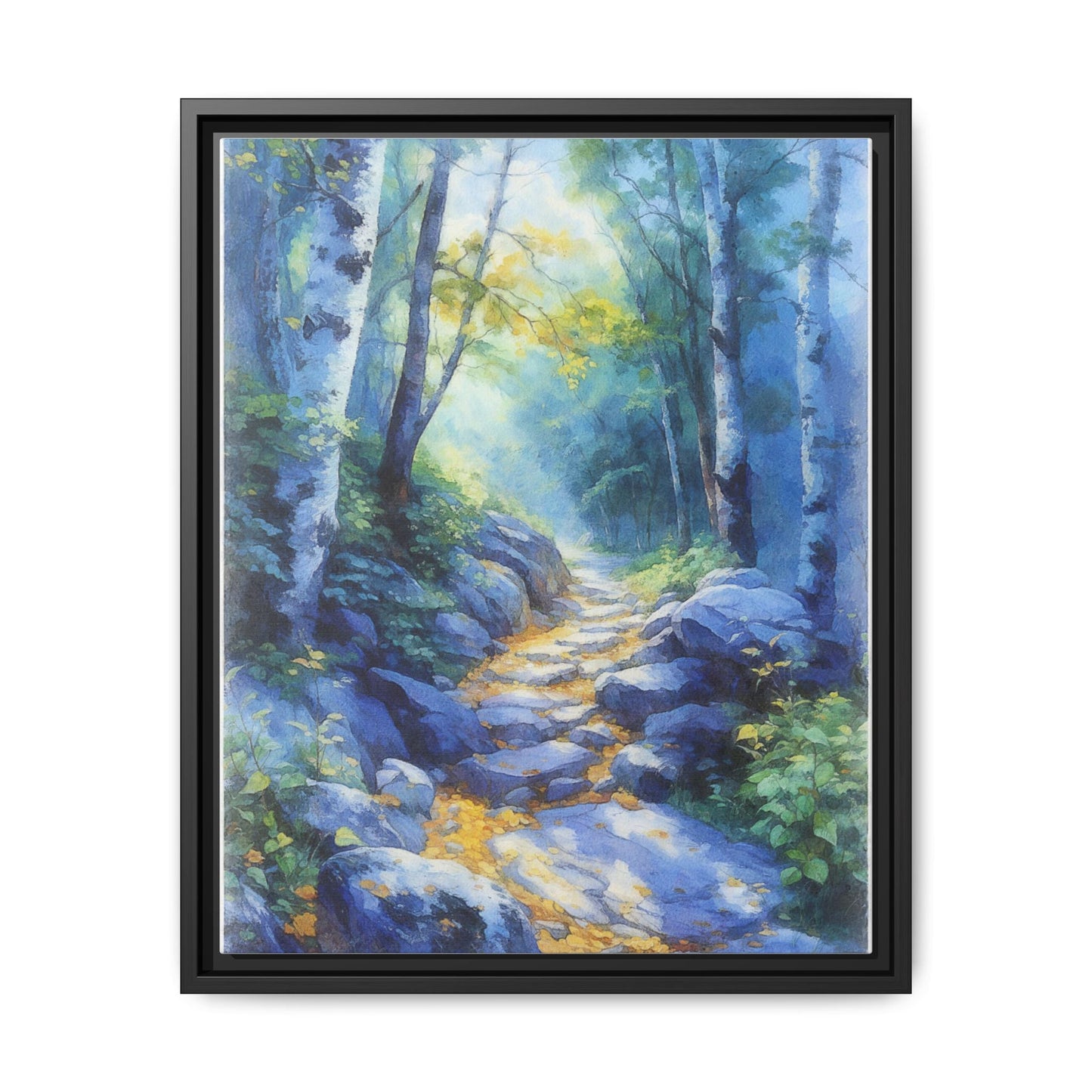 Blue Forest Path II wall art featuring a tranquil forest scene with a serene blue-toned path, printed on high-quality canvas for timeless décor.