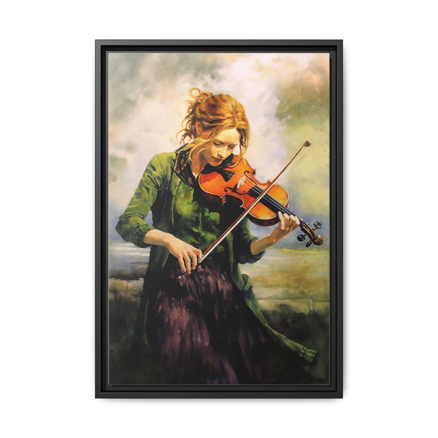 Young Girl with Fiddle wall art featuring a young musician playing the fiddle, printed on high-quality canvas for timeless and elegant décor.