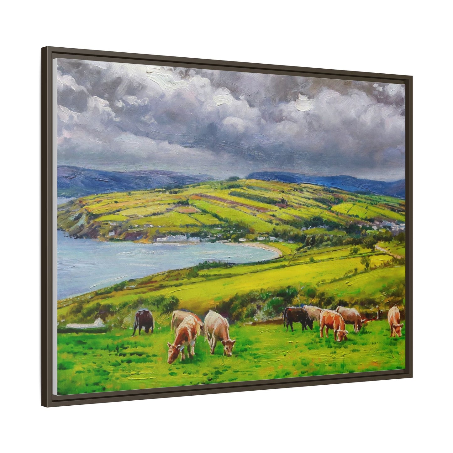 Cushendun Hills wall art showcasing rolling hills and scenic Irish landscapes, framed in high-quality materials for an elegant look.