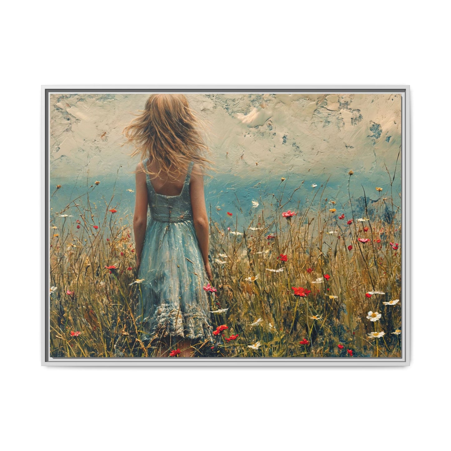 Young Girl Looking Out To Sea wall art, featuring a peaceful ocean view and a young girl in contemplation, printed on high-quality canvas for timeless décor.