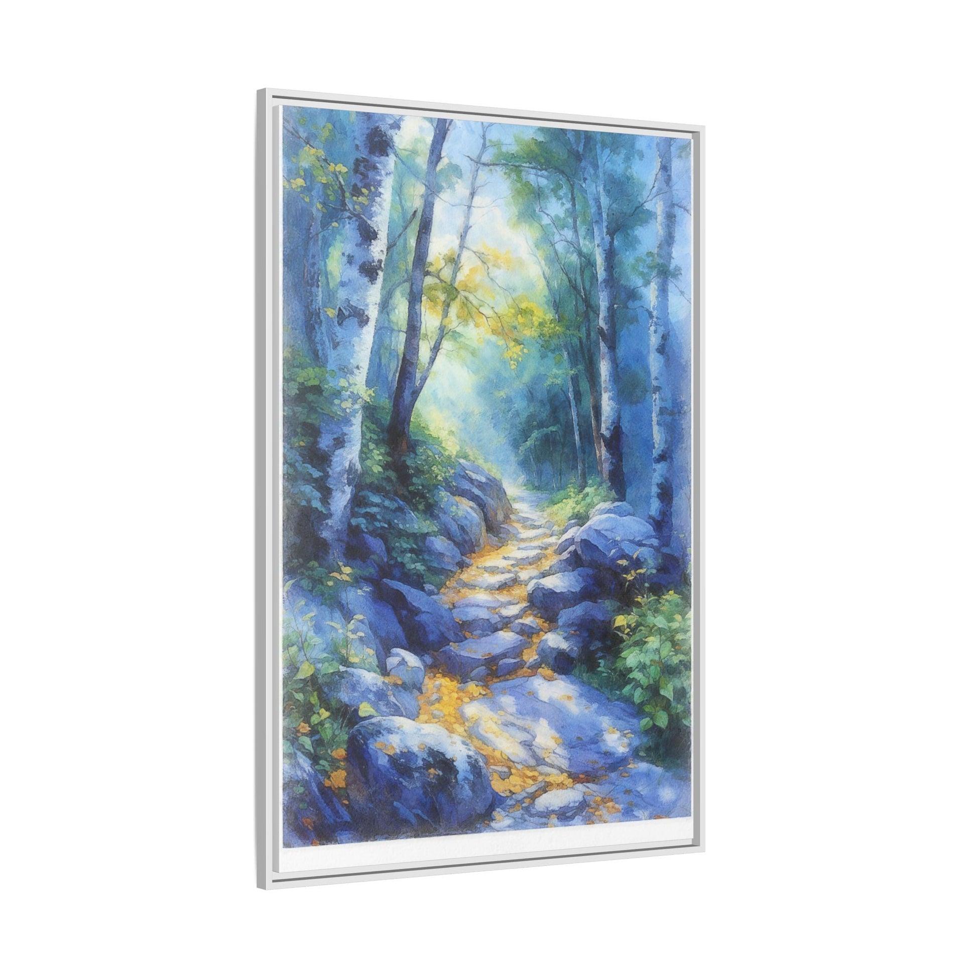 Blue Forest Path II wall art featuring a tranquil forest scene with a serene blue-toned path, printed on high-quality canvas for timeless décor.