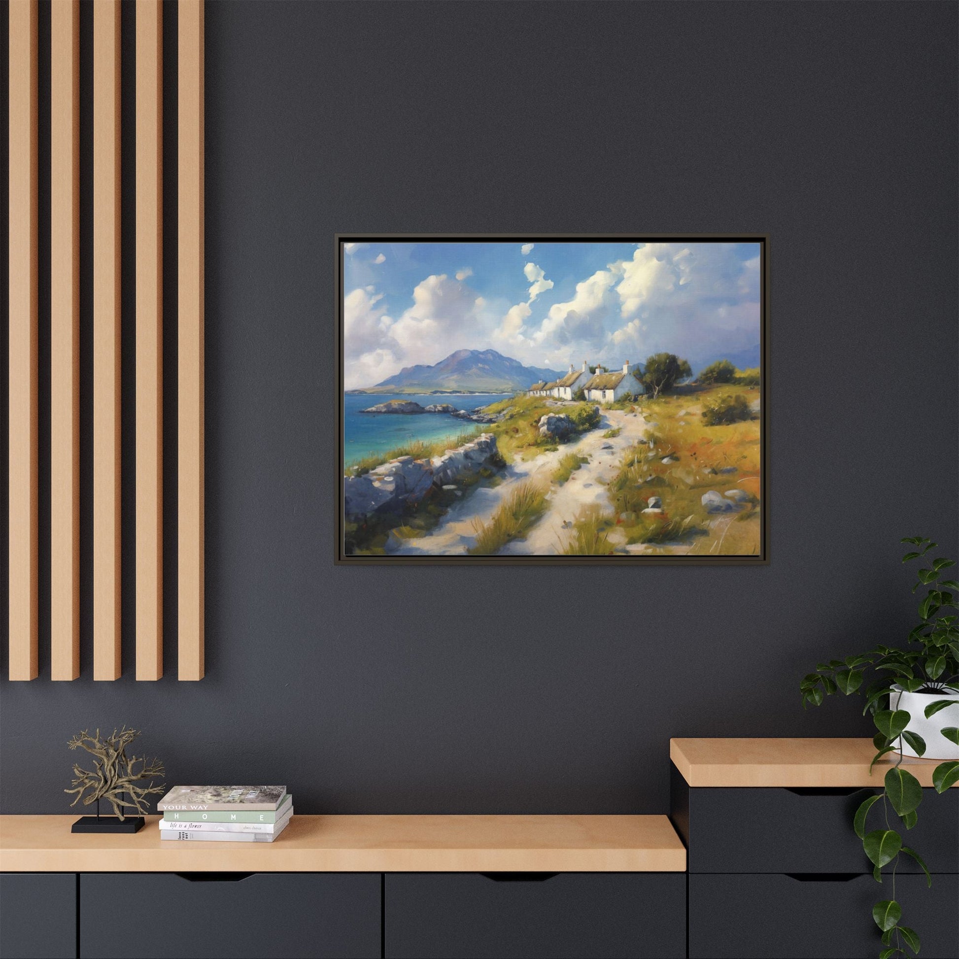 Blustery Day wall art featuring a dramatic wind-swept landscape in a pinewood frame.