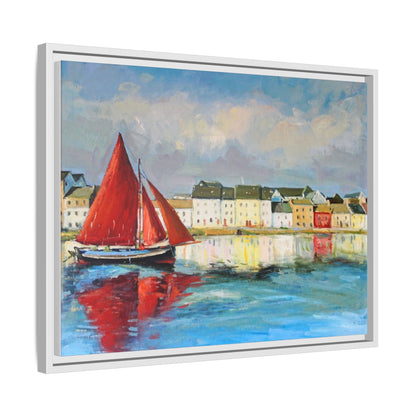 Galway Hooker Leaving Port wall art featuring a Galway Hooker boat sailing in a coastal scene, printed on high-quality canvas with a premium frame.