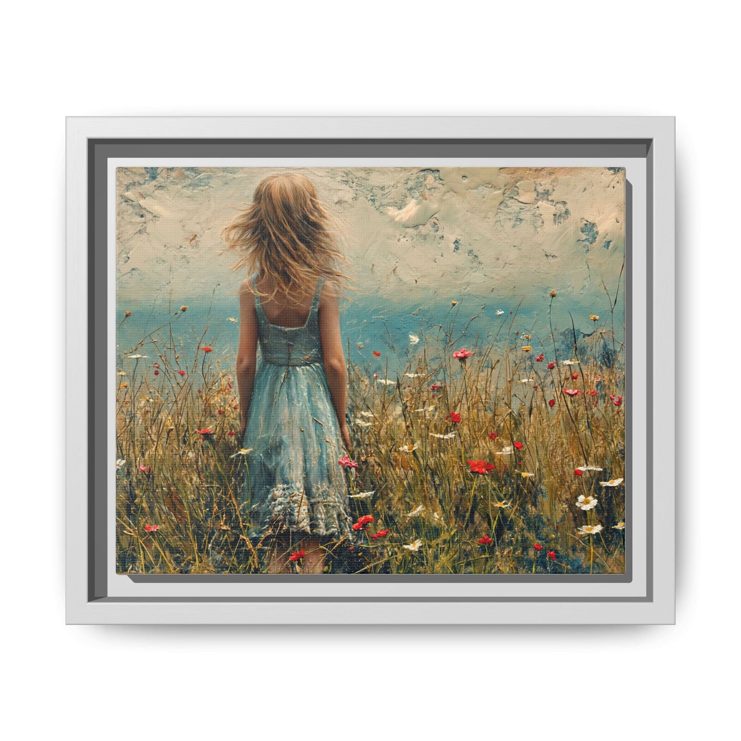 Young Girl Looking Out To Sea wall art, featuring a peaceful ocean view and a young girl in contemplation, printed on high-quality canvas for timeless décor.