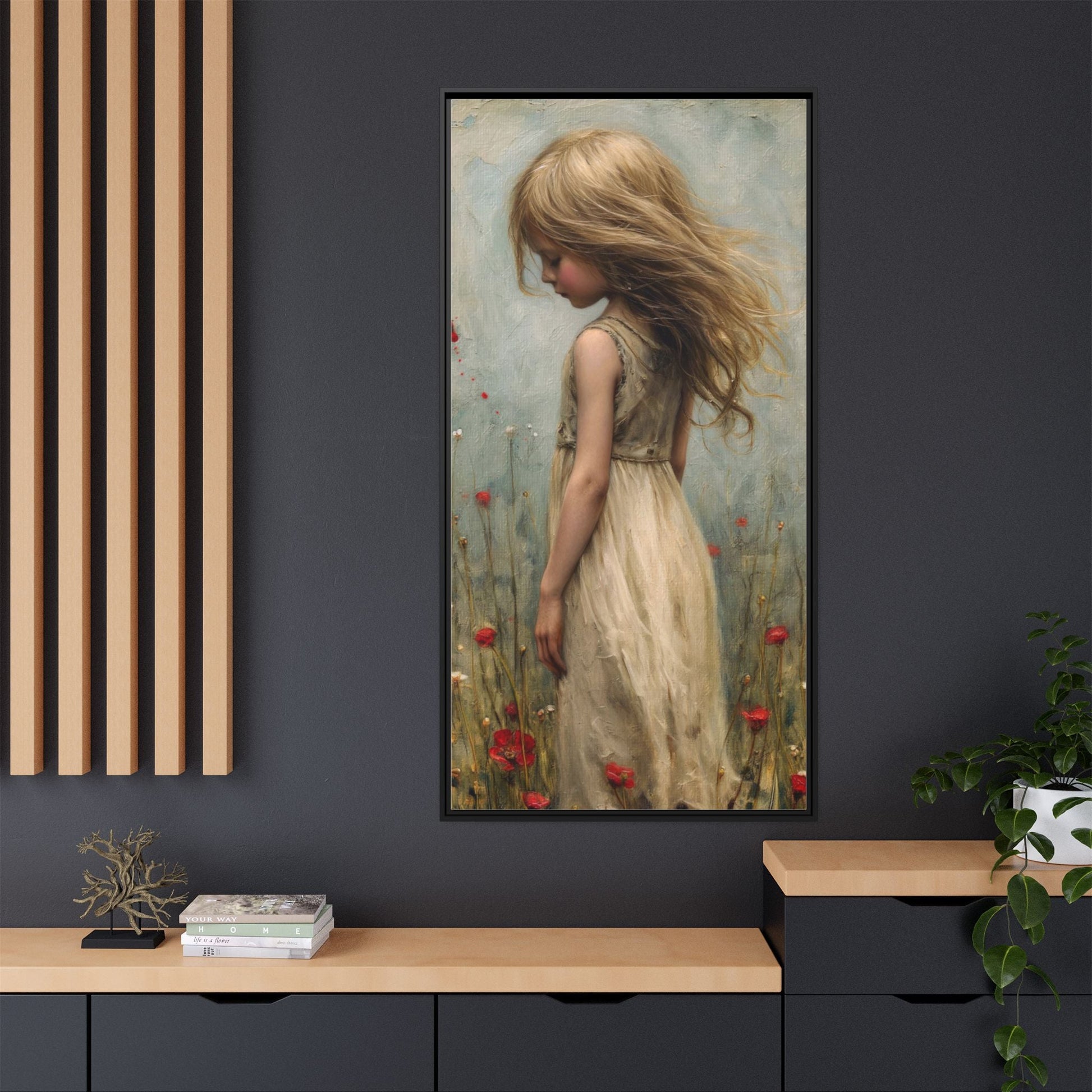 Young Girl In Flowers – Elegant pinewood-framed wall art featuring a high-quality cotton-polyester canvas with vibrant colors and a timeless design.