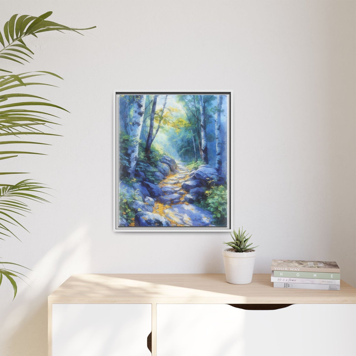 Blue Forest Path II wall art featuring a tranquil forest scene with a serene blue-toned path, printed on high-quality canvas for timeless décor.