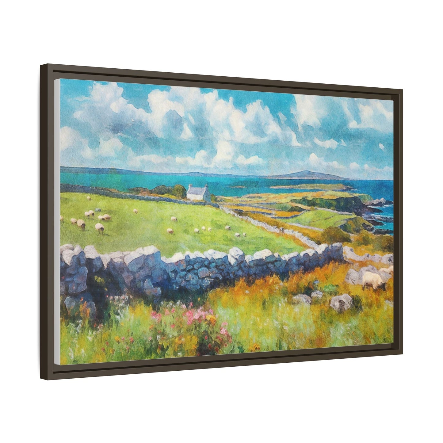 Far Flung Shores W.COL wall art featuring a serene coastal landscape, printed on high-quality canvas with a premium pinewood frame.