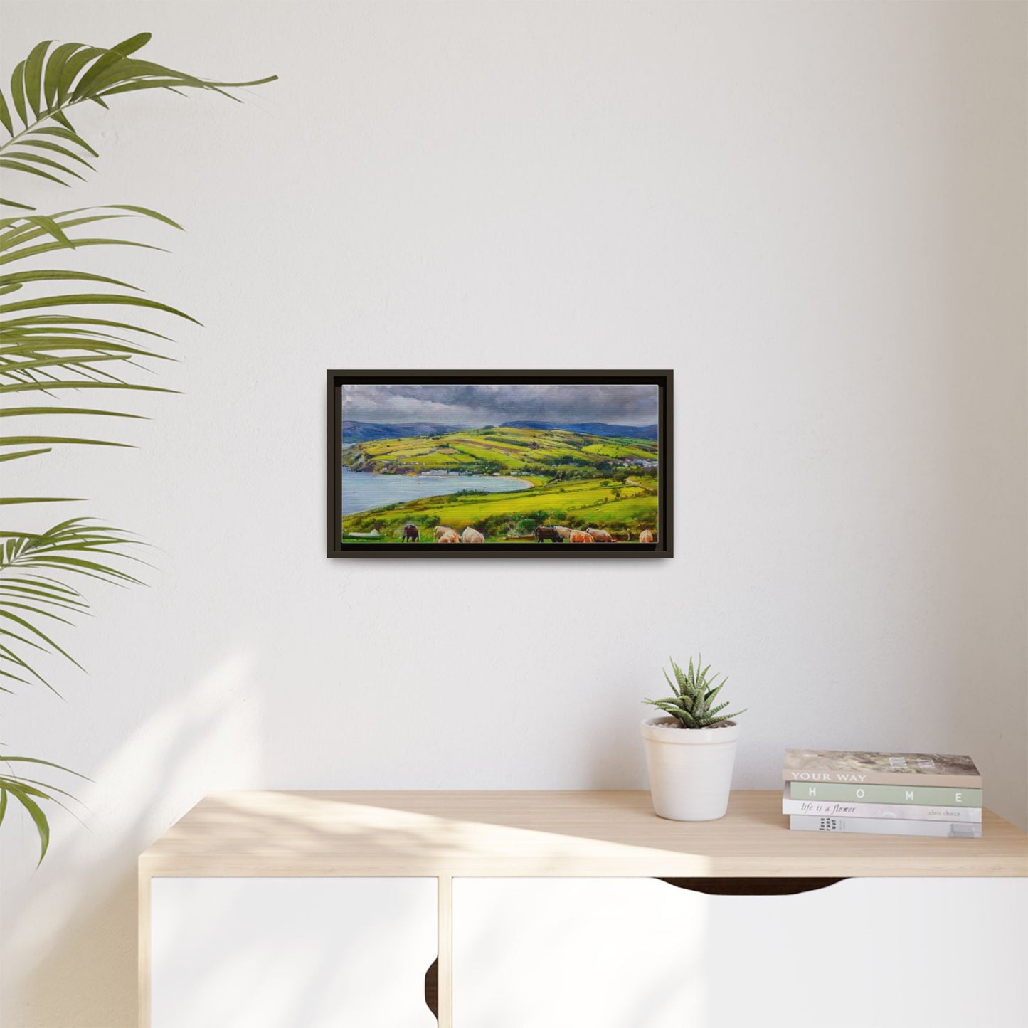 Cushendon Hills wall art showcasing rolling hills and scenic Irish landscapes, framed in high-quality materials for an elegant look.