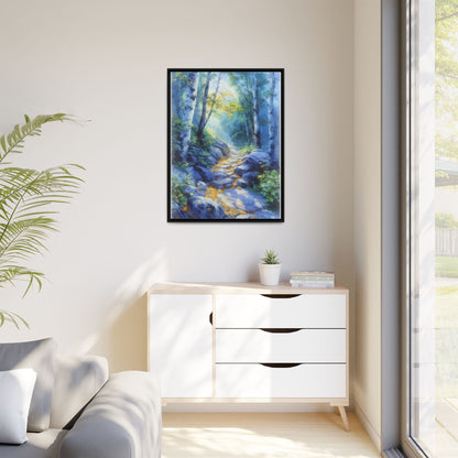 Blue Forest Path II wall art featuring a tranquil forest scene with a serene blue-toned path, printed on high-quality canvas for timeless décor.