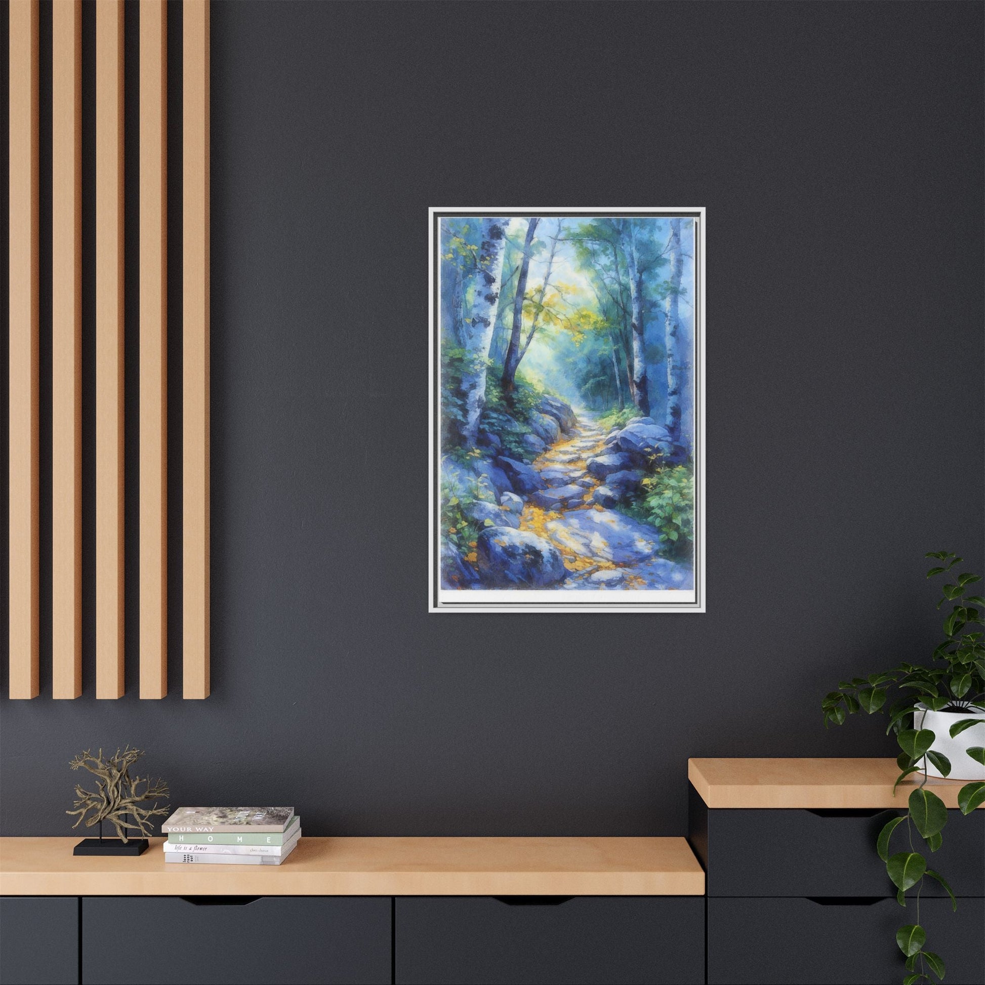 Blue Forest Path II wall art featuring a tranquil forest scene with a serene blue-toned path, printed on high-quality canvas for timeless décor.