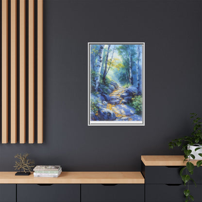 Blue Forest Path II wall art featuring a tranquil forest scene with a serene blue-toned path, printed on high-quality canvas for timeless décor.