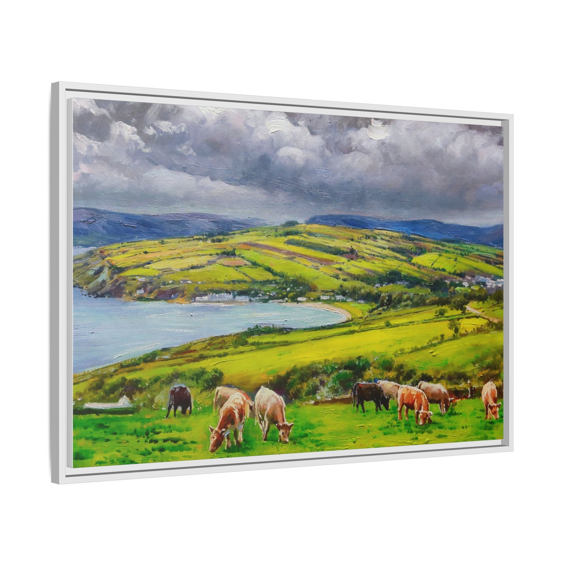 Cushendun Hills wall art showcasing rolling hills and scenic Irish landscapes, framed in high-quality materials for an elegant look.