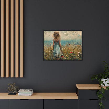 Young Girl Looking Out To Sea wall art, featuring a peaceful ocean view and a young girl in contemplation, printed on high-quality canvas for timeless décor.