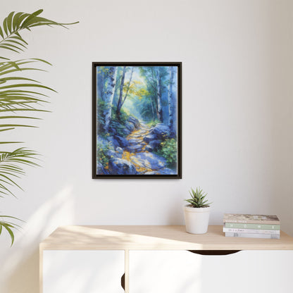 Blue Forest Path II wall art featuring a tranquil forest scene with a serene blue-toned path, printed on high-quality canvas for timeless décor.