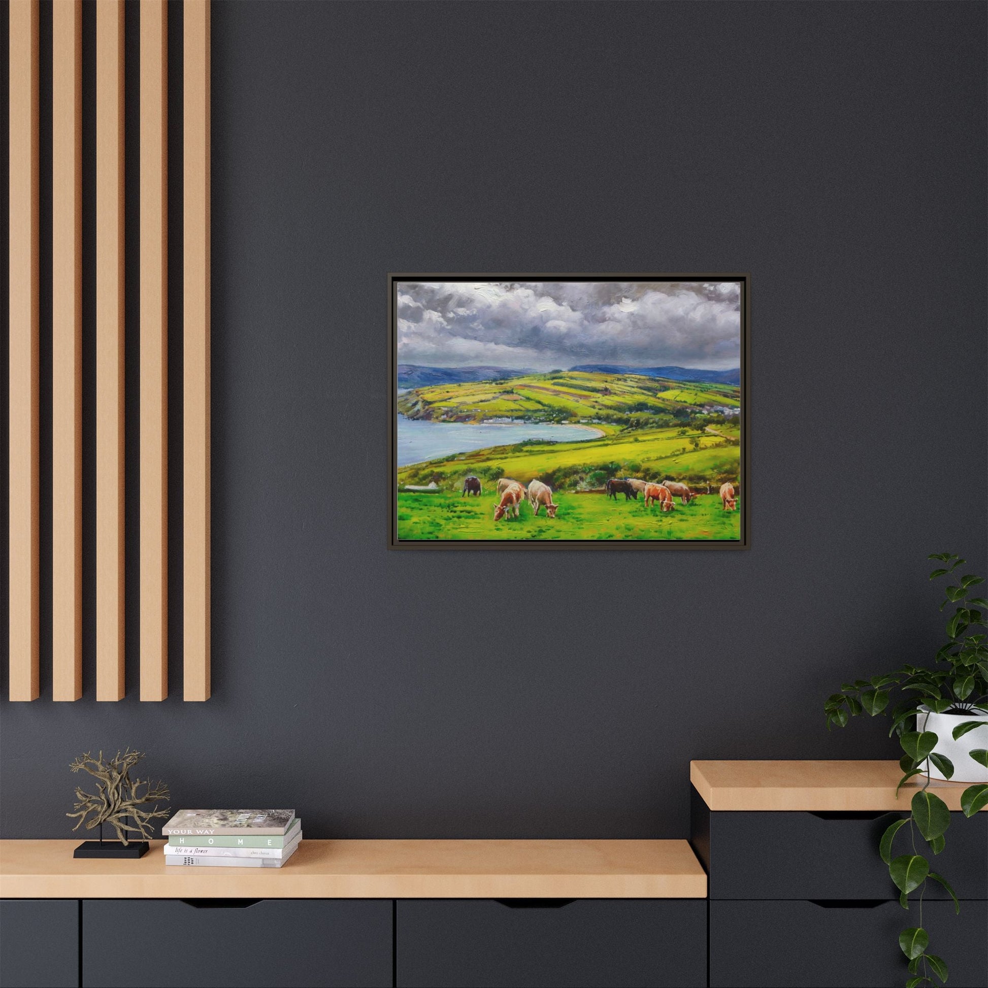 Cushendun Hills wall art showcasing rolling hills and scenic Irish landscapes, framed in high-quality materials for an elegant look.