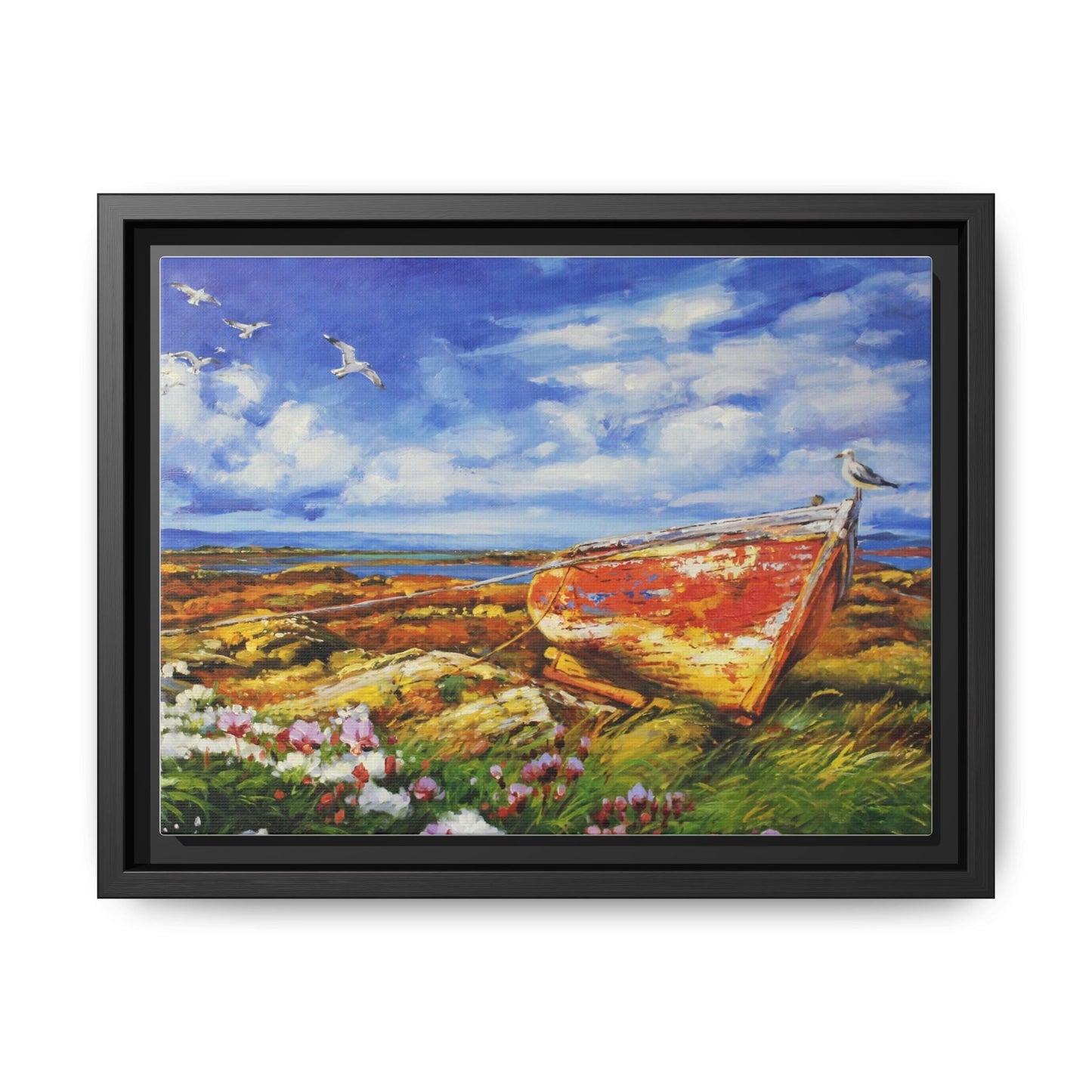 Seagull On Perch Large on a wooden post, gazing over the ocean, framed in premium pinewood for a timeless and elegant décor piece.