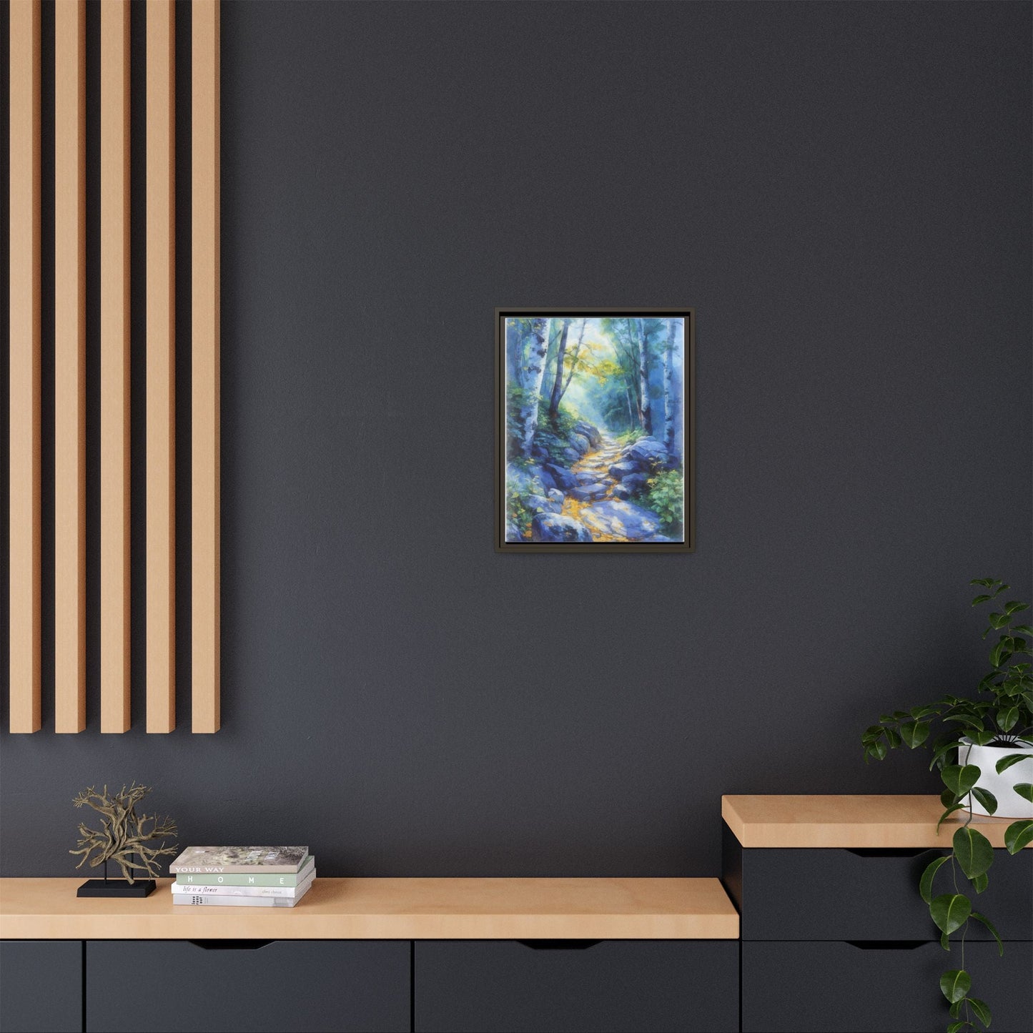 Blue Forest Path II wall art featuring a tranquil forest scene with a serene blue-toned path, printed on high-quality canvas for timeless décor.