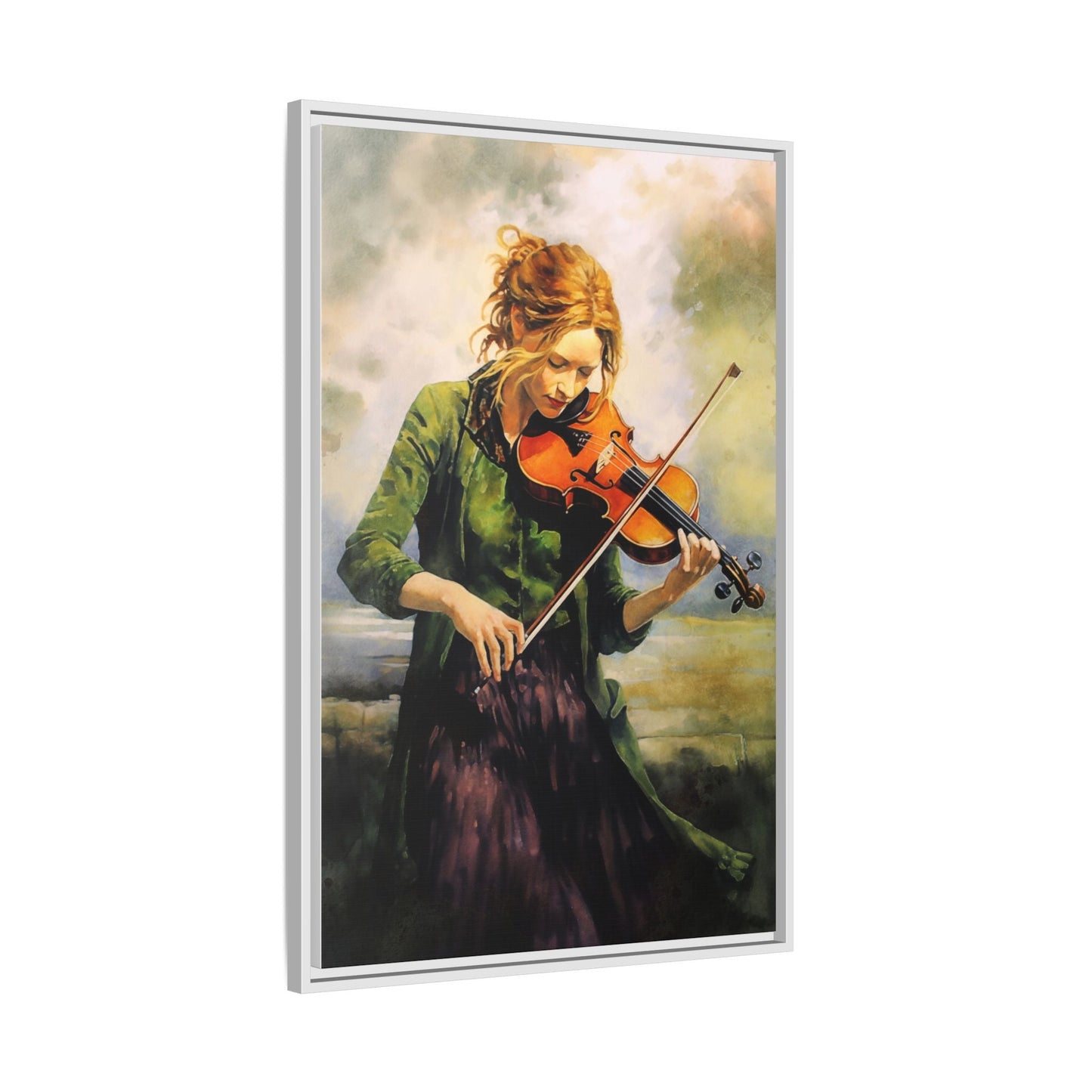 Young Girl with Fiddle wall art featuring a young musician playing the fiddle, printed on high-quality canvas for timeless and elegant décor.