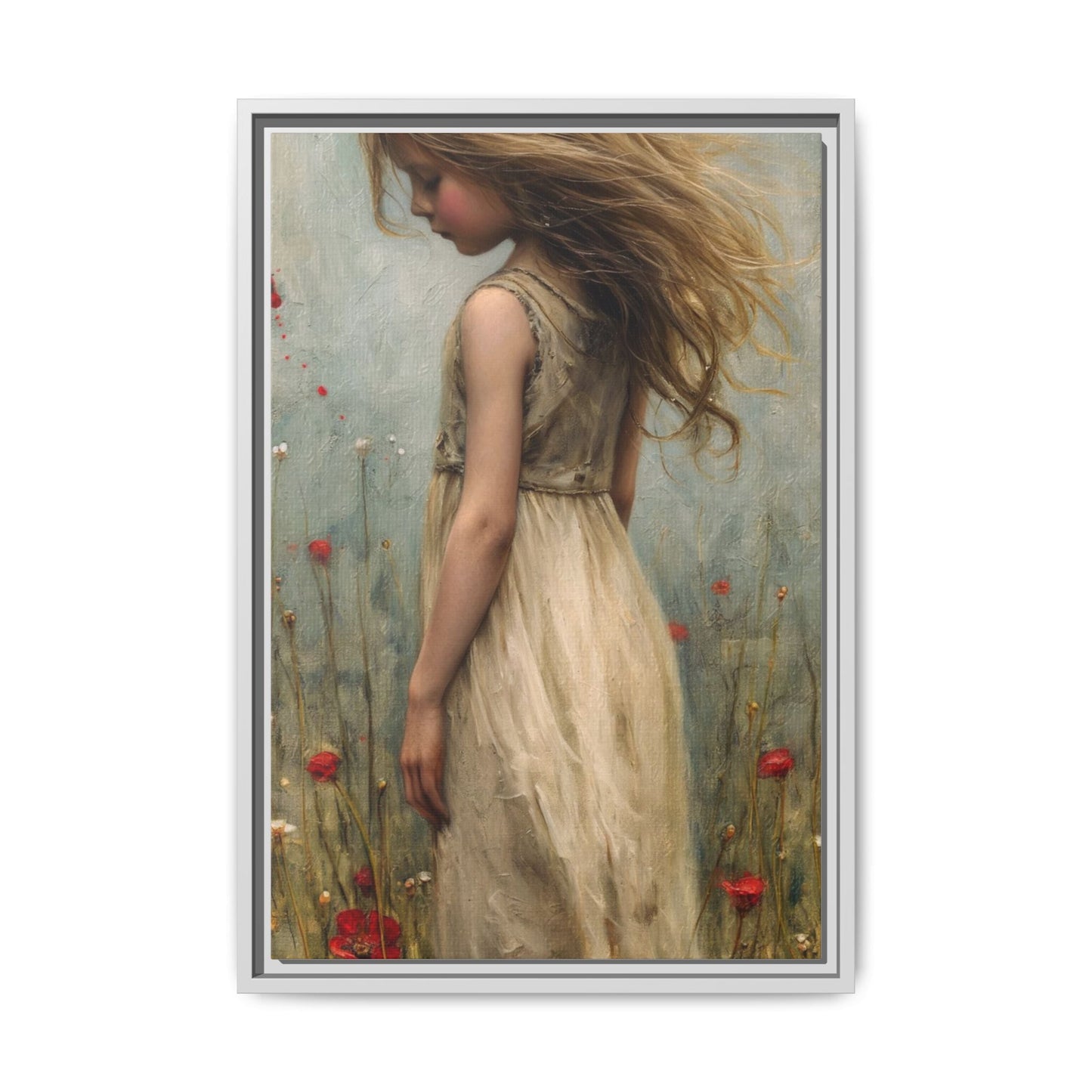 Young Girl In Flowers – Elegant pinewood-framed wall art featuring a high-quality cotton-polyester canvas with vibrant colors and a timeless design.