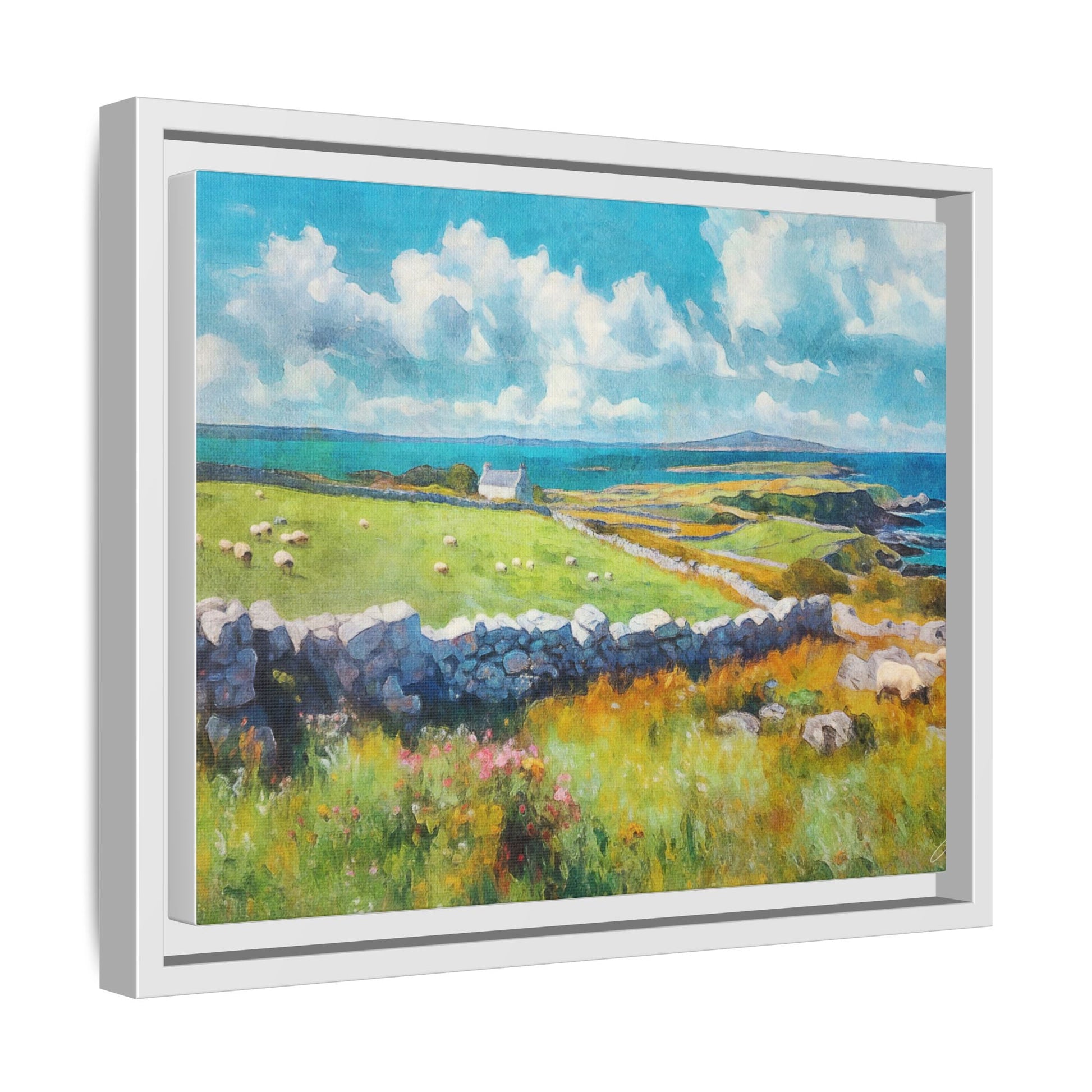 Far Flung Shores W.COL wall art featuring a serene coastal landscape, printed on high-quality canvas with a premium pinewood frame.