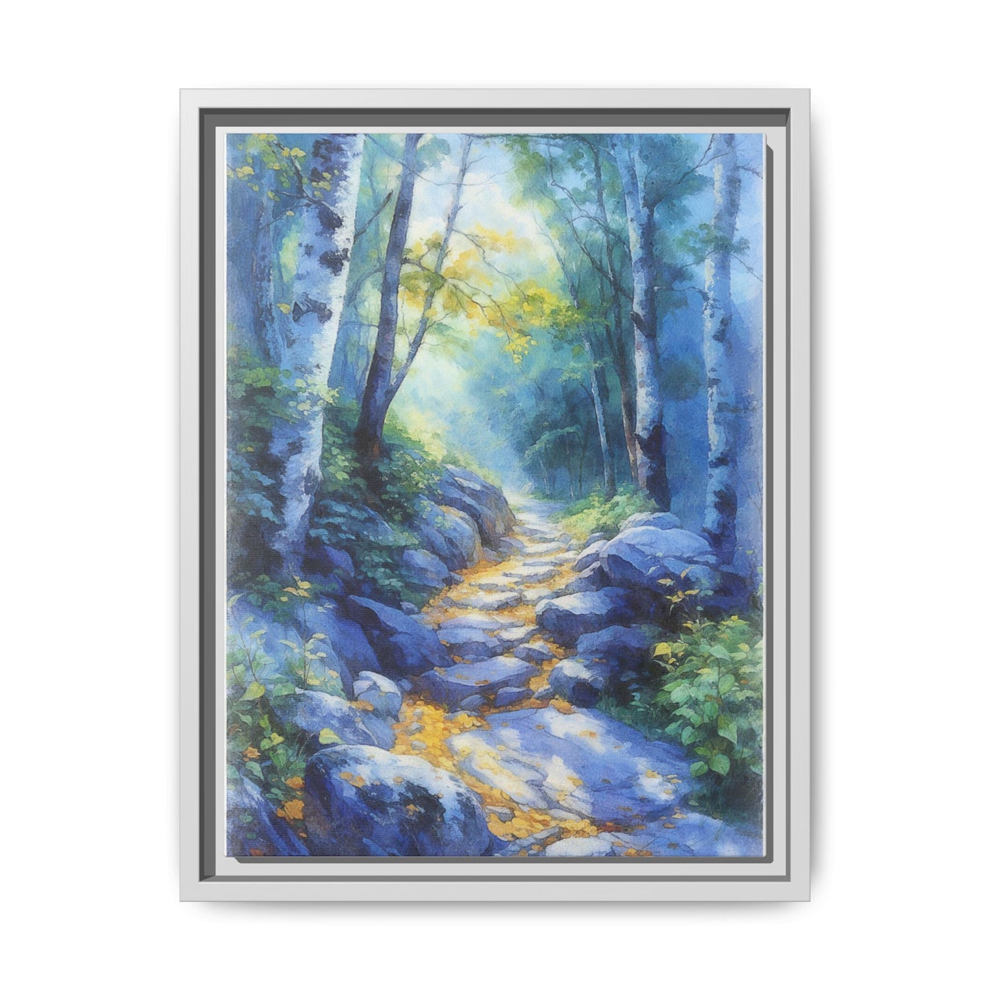 Blue Forest Path II wall art featuring a tranquil forest scene with a serene blue-toned path, printed on high-quality canvas for timeless décor.