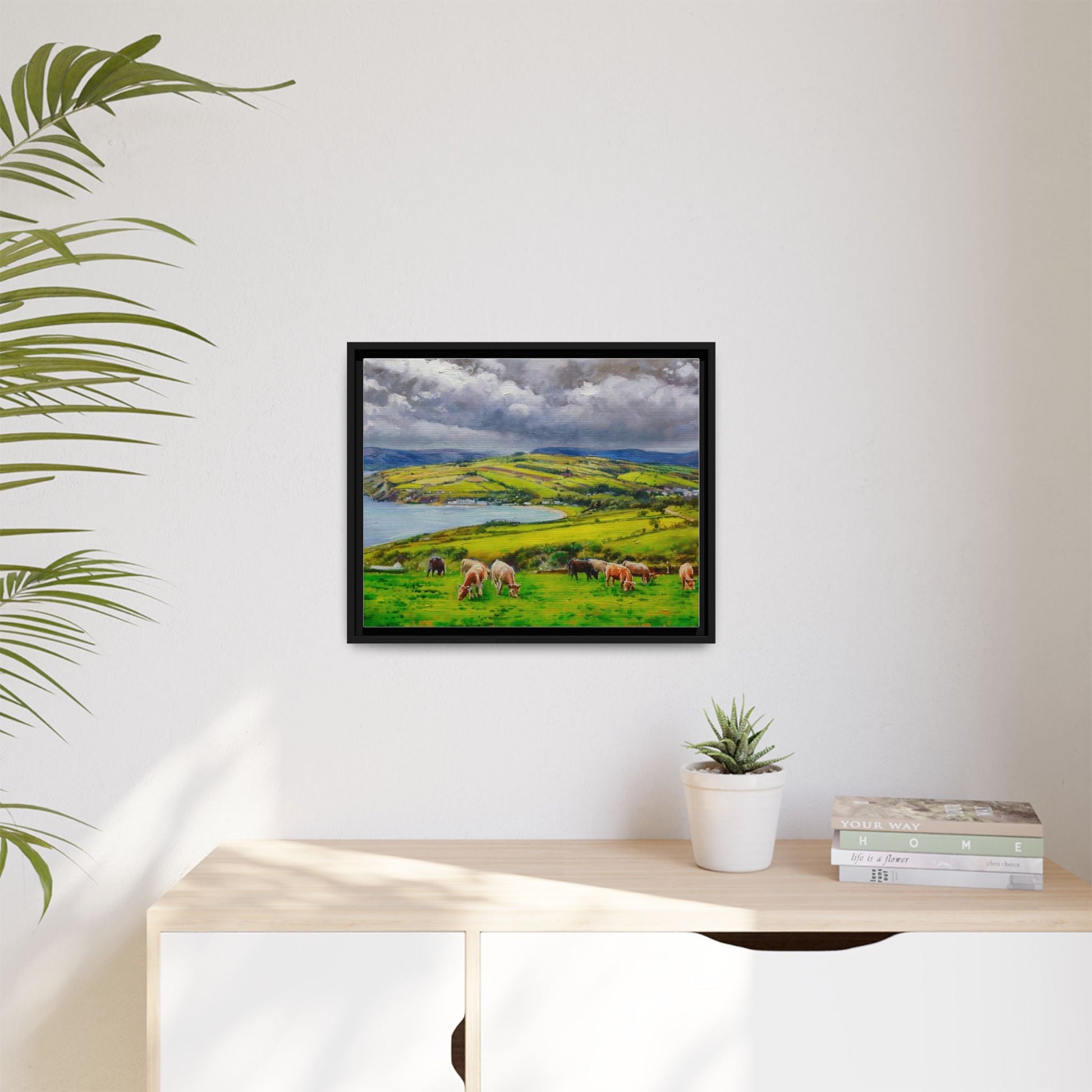 Cushendun Hills wall art showcasing rolling hills and scenic Irish landscapes, framed in high-quality materials for an elegant look.