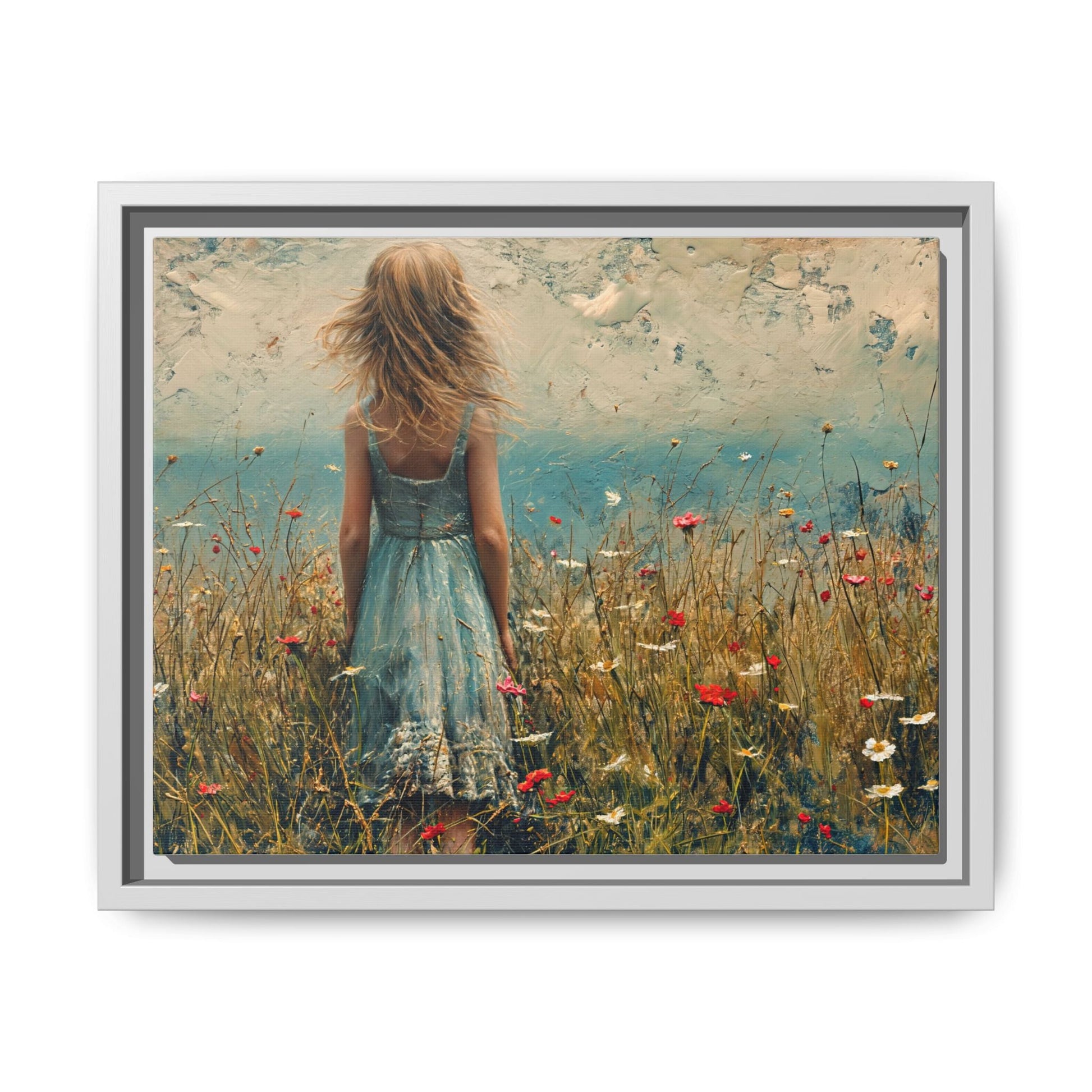 Young Girl Looking Out To Sea wall art, featuring a peaceful ocean view and a young girl in contemplation, printed on high-quality canvas for timeless décor.