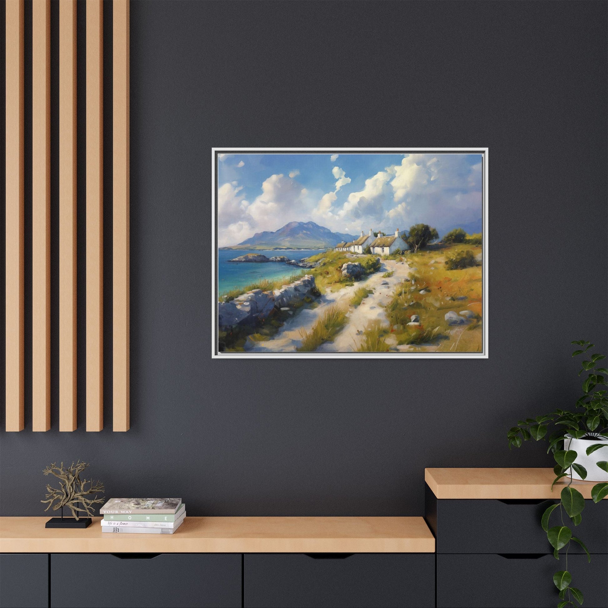 Blustery Day wall art featuring a dramatic wind-swept landscape in a pinewood frame.