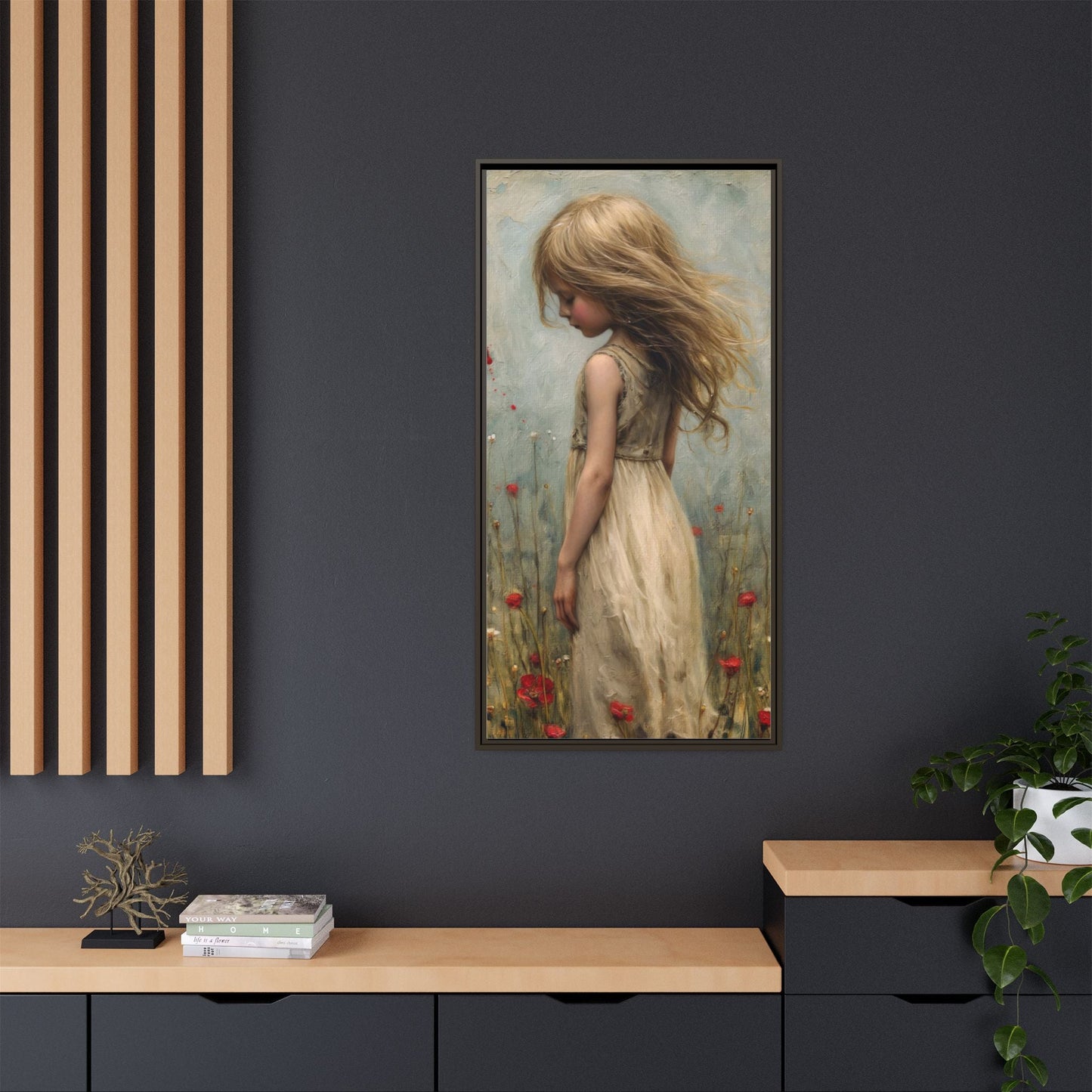 Young Girl In Flowers – Elegant pinewood-framed wall art featuring a high-quality cotton-polyester canvas with vibrant colors and a timeless design.