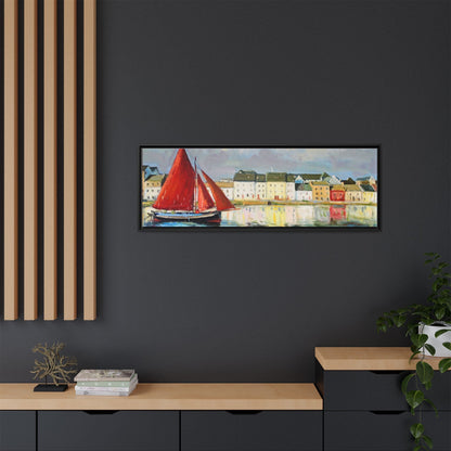 Galway Hooker Leaving Port wall art featuring a Galway Hooker boat sailing in a coastal scene, printed on high-quality canvas with a premium frame.