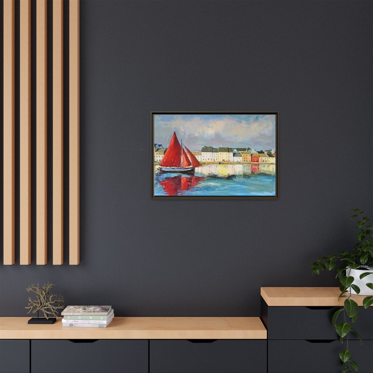 Galway Hooker Leaving Port wall art featuring a Galway Hooker boat sailing in a coastal scene, printed on high-quality canvas with a premium frame.