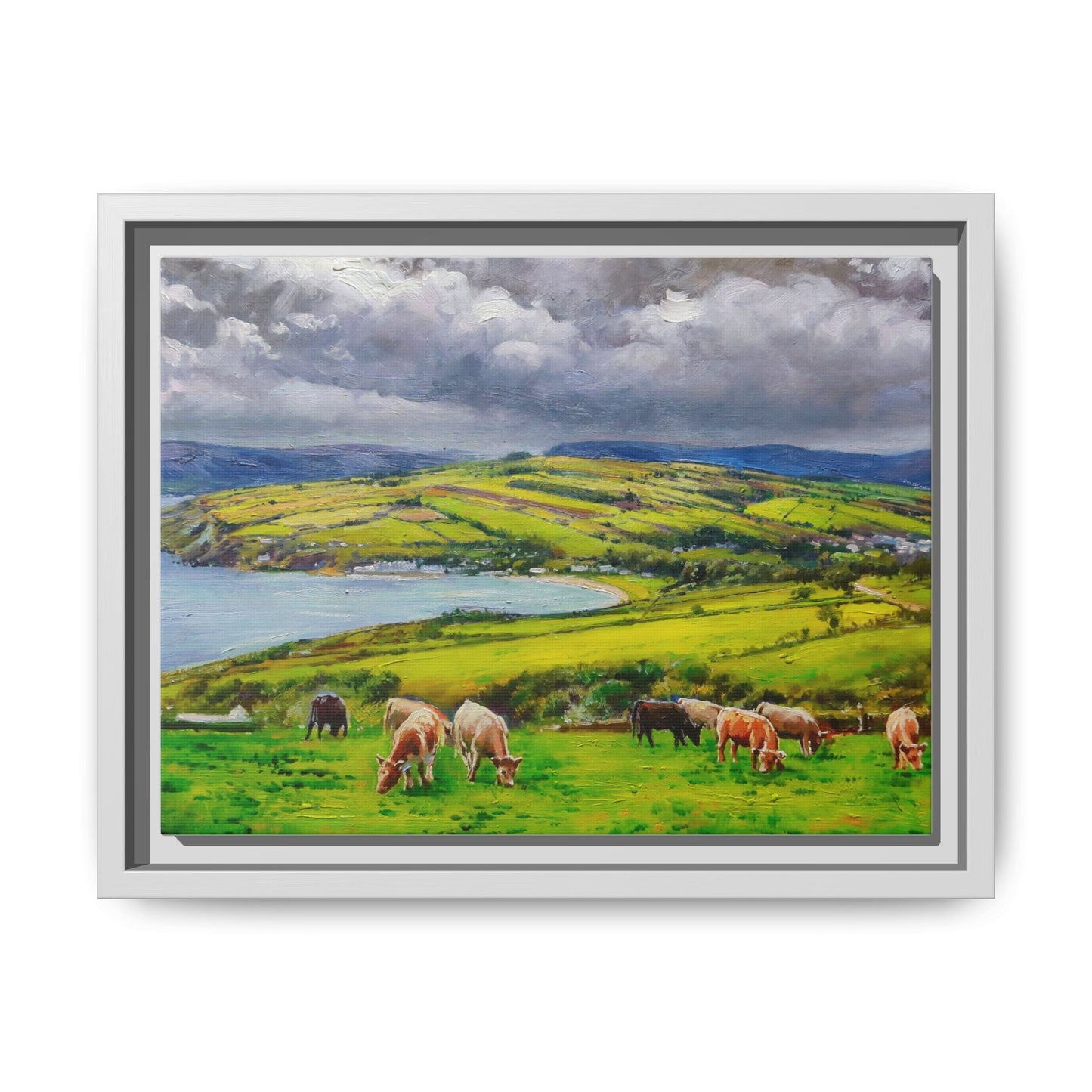 Cushendun Hills wall art showcasing rolling hills and scenic Irish landscapes, framed in high-quality materials for an elegant look.