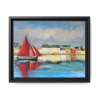 Galway Hooker Leaving Port wall art featuring a Galway Hooker boat sailing in a coastal scene, printed on high-quality canvas with a premium frame.