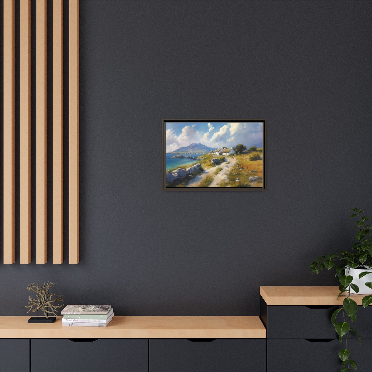 Blustery Day wall art featuring a dramatic wind-swept landscape in a pinewood frame.