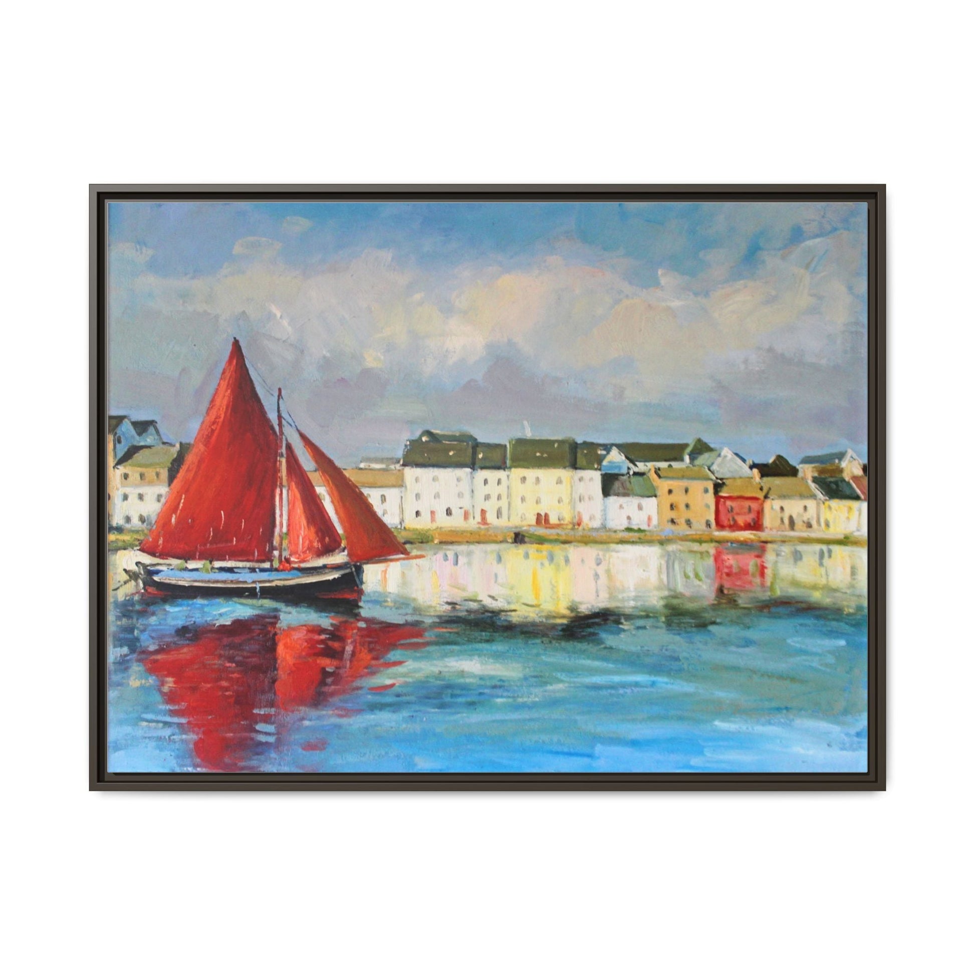 Galway Hooker Leaving Port wall art featuring a Galway Hooker boat sailing in a coastal scene, printed on high-quality canvas with a premium frame.