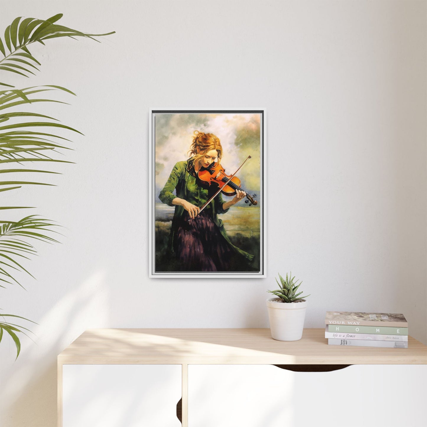 Young Girl with Fiddle wall art featuring a young musician playing the fiddle, printed on high-quality canvas for timeless and elegant décor.