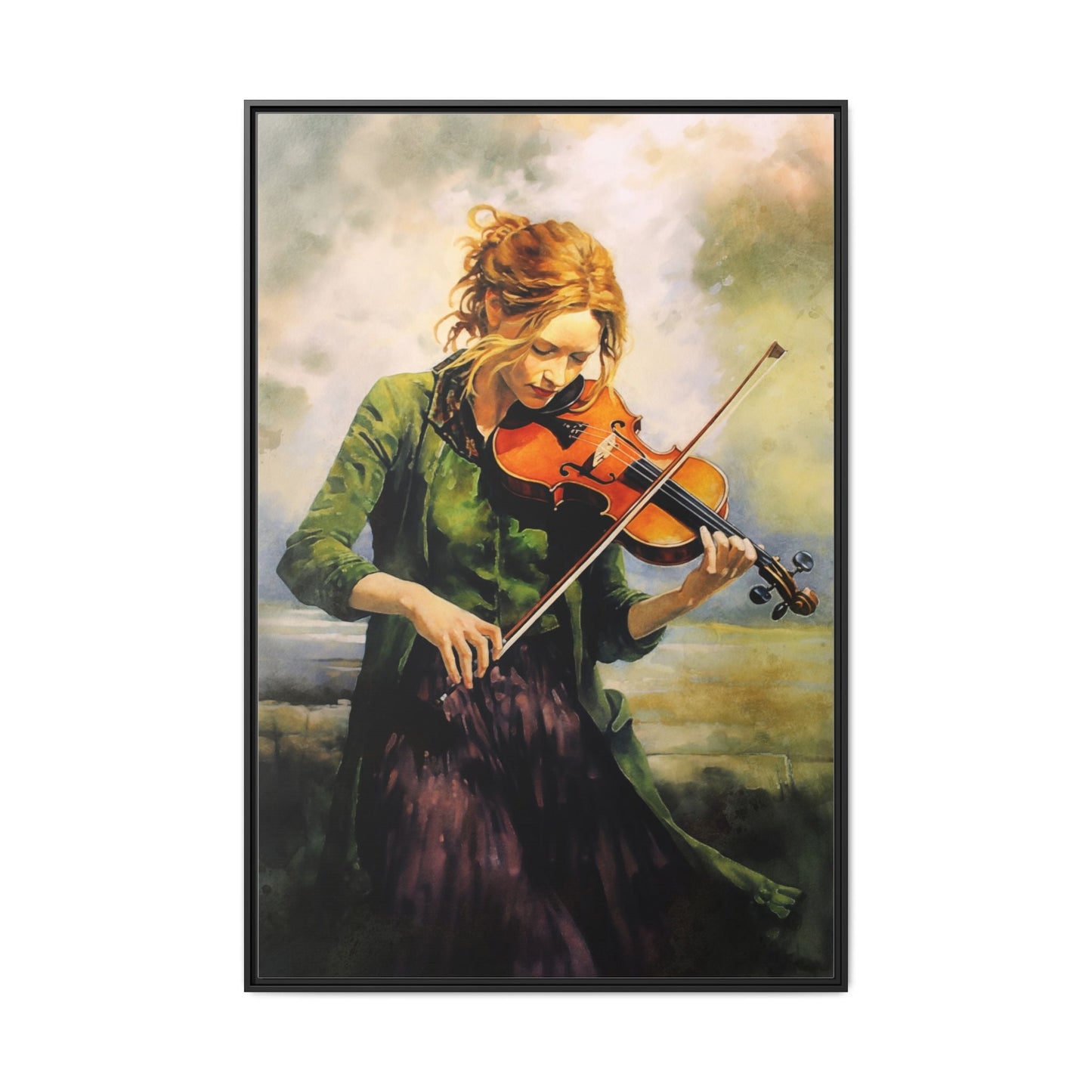 Young Girl with Fiddle wall art featuring a young musician playing the fiddle, printed on high-quality canvas for timeless and elegant décor.