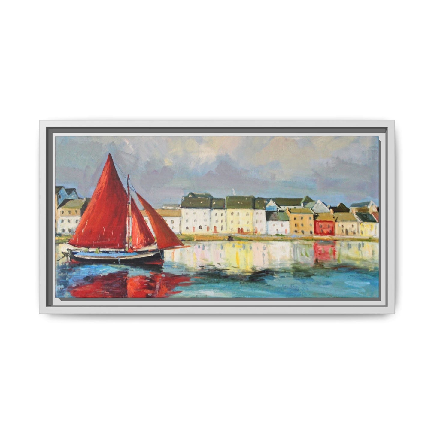 Galway Hooker Leaving Port wall art featuring a Galway Hooker boat sailing in a coastal scene, printed on high-quality canvas with a premium frame.