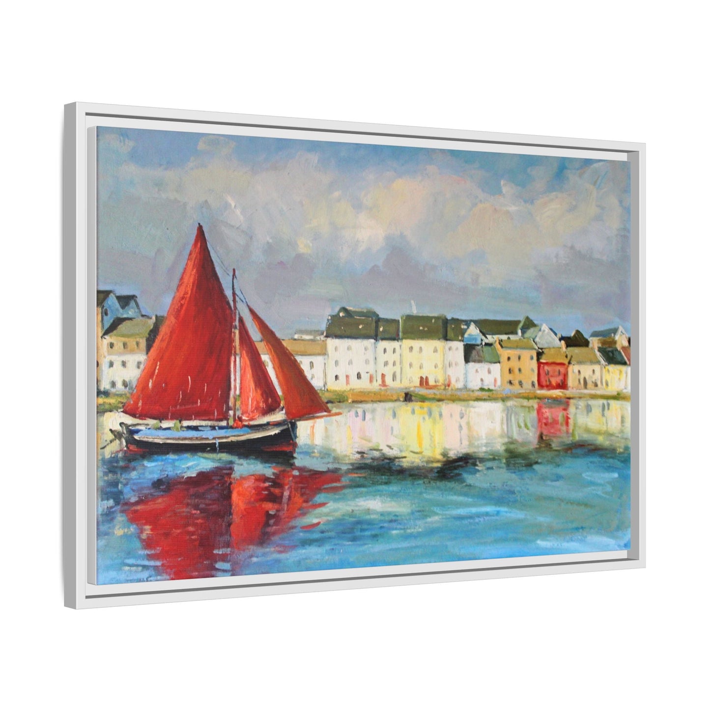 Galway Hooker Leaving Port wall art featuring a Galway Hooker boat sailing in a coastal scene, printed on high-quality canvas with a premium frame.