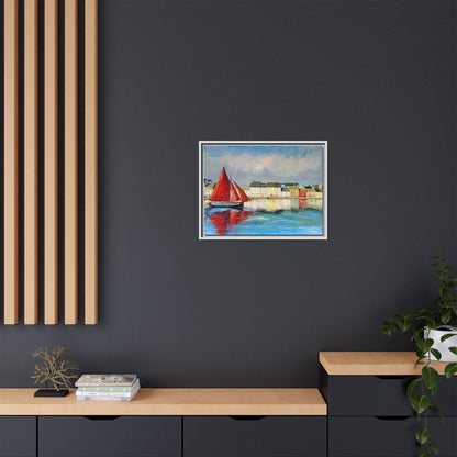 Galway Hooker Leaving Port wall art featuring a Galway Hooker boat sailing in a coastal scene, printed on high-quality canvas with a premium frame.