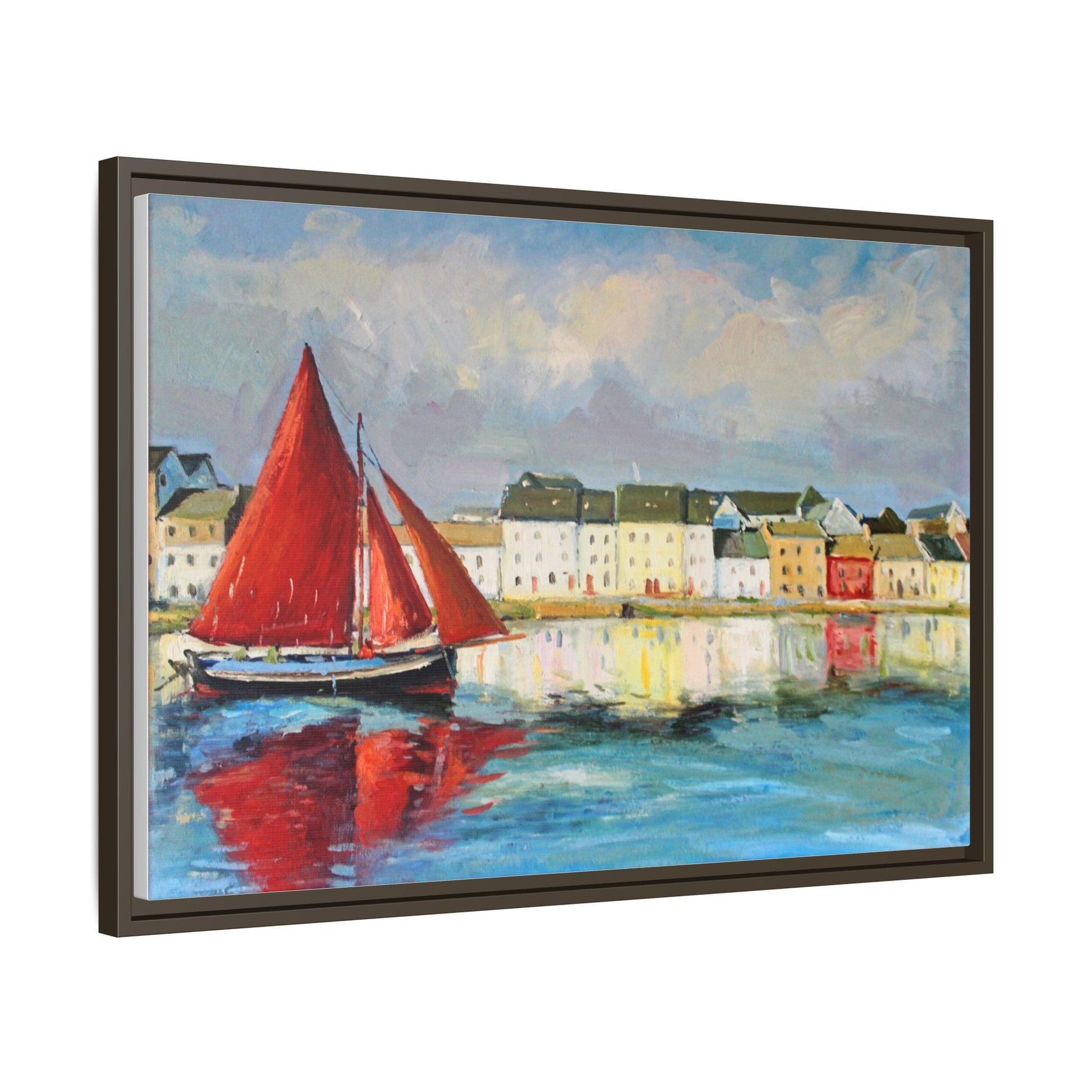 Galway Hooker Leaving Port wall art featuring a Galway Hooker boat sailing in a coastal scene, printed on high-quality canvas with a premium frame.