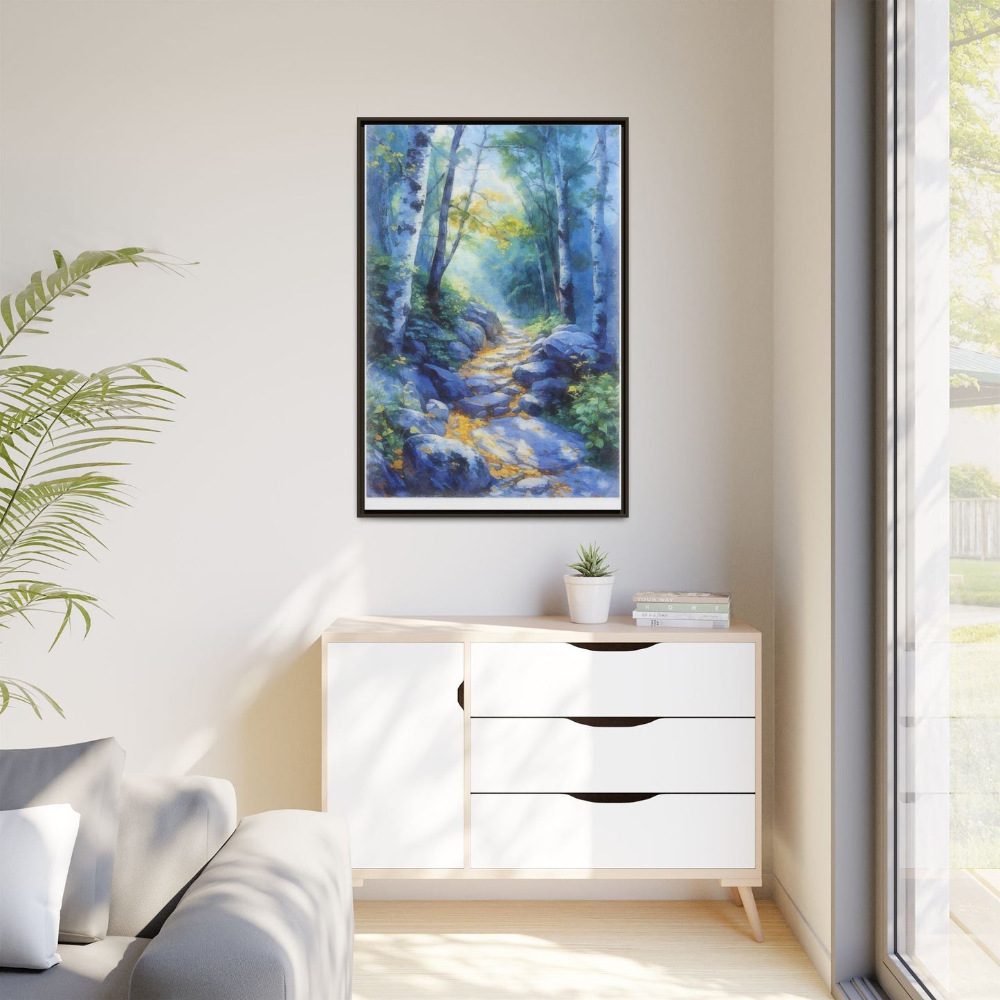 Blue Forest Path II wall art featuring a tranquil forest scene with a serene blue-toned path, printed on high-quality canvas for timeless décor.