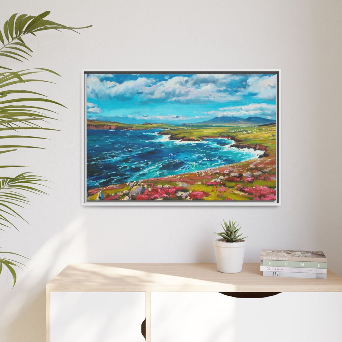 Dingle Peninsula wall art featuring a scenic view of Ireland's rugged coastline, printed on high-quality canvas with a premium frame.