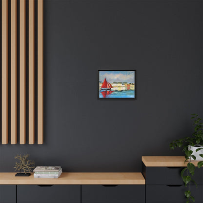 Galway Hooker Leaving Port wall art featuring a Galway Hooker boat sailing in a coastal scene, printed on high-quality canvas with a premium frame.