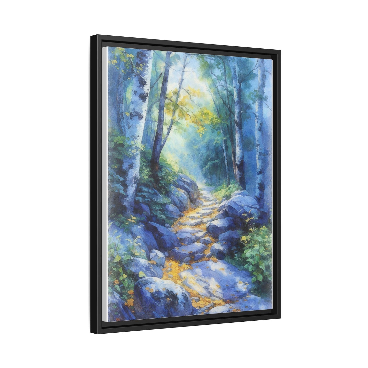 Blue Forest Path II wall art featuring a tranquil forest scene with a serene blue-toned path, printed on high-quality canvas for timeless décor.