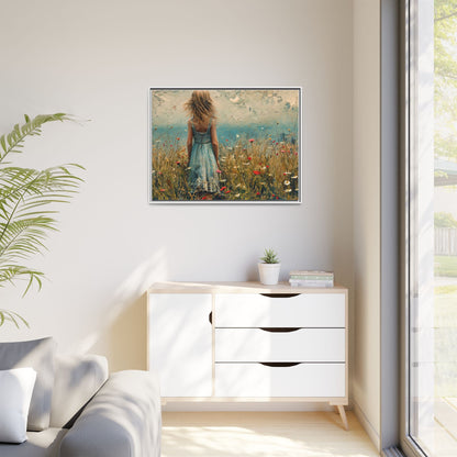 Young Girl Looking Out To Sea wall art, featuring a peaceful ocean view and a young girl in contemplation, printed on high-quality canvas for timeless décor.